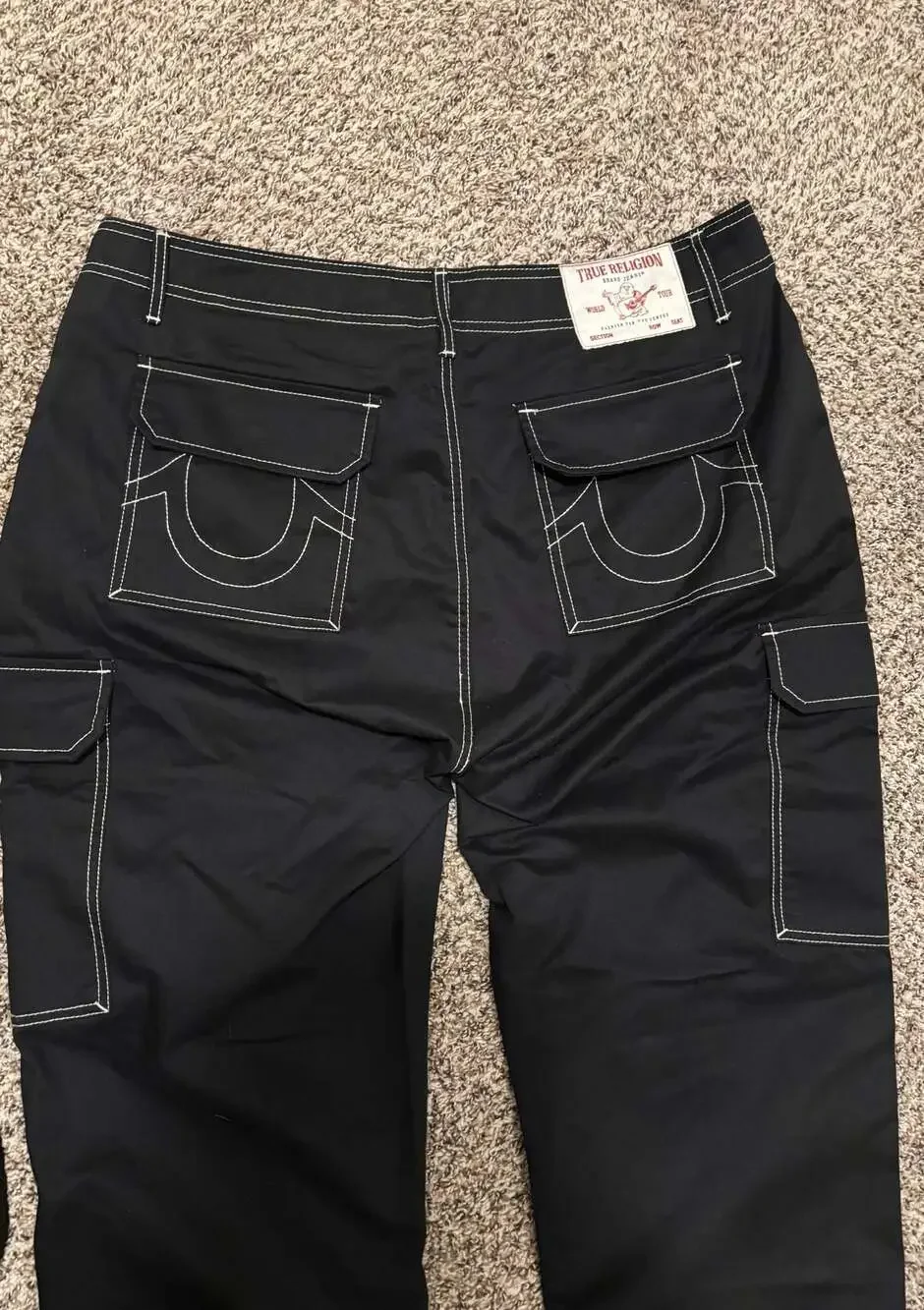 True Religion Jet Black Contrast Stitch Cargo Pants. NWT. Size 36